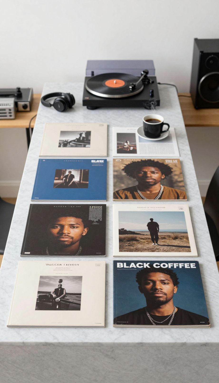 Black Coffee album covers artfully arranged on marble surface with minimalist studio equipment and coffee cup.
