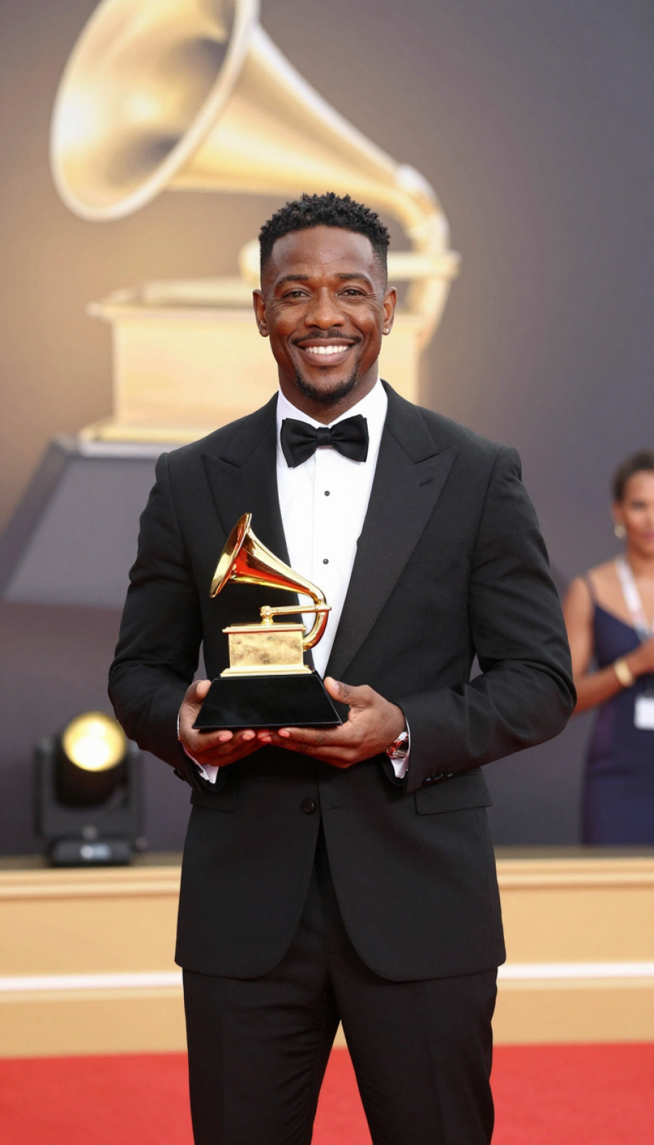 Black Coffee proudly holding Grammy Award on red carpet stage with golden gramophone trophy.