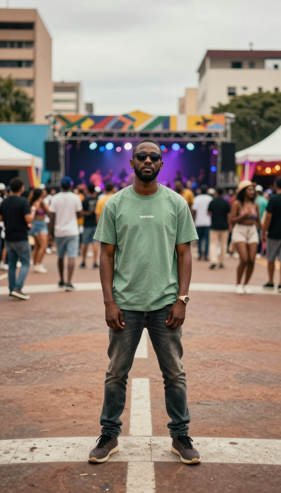 Black Coffee standing at crossroads symbolizing influence on house music with blurred global scenes.