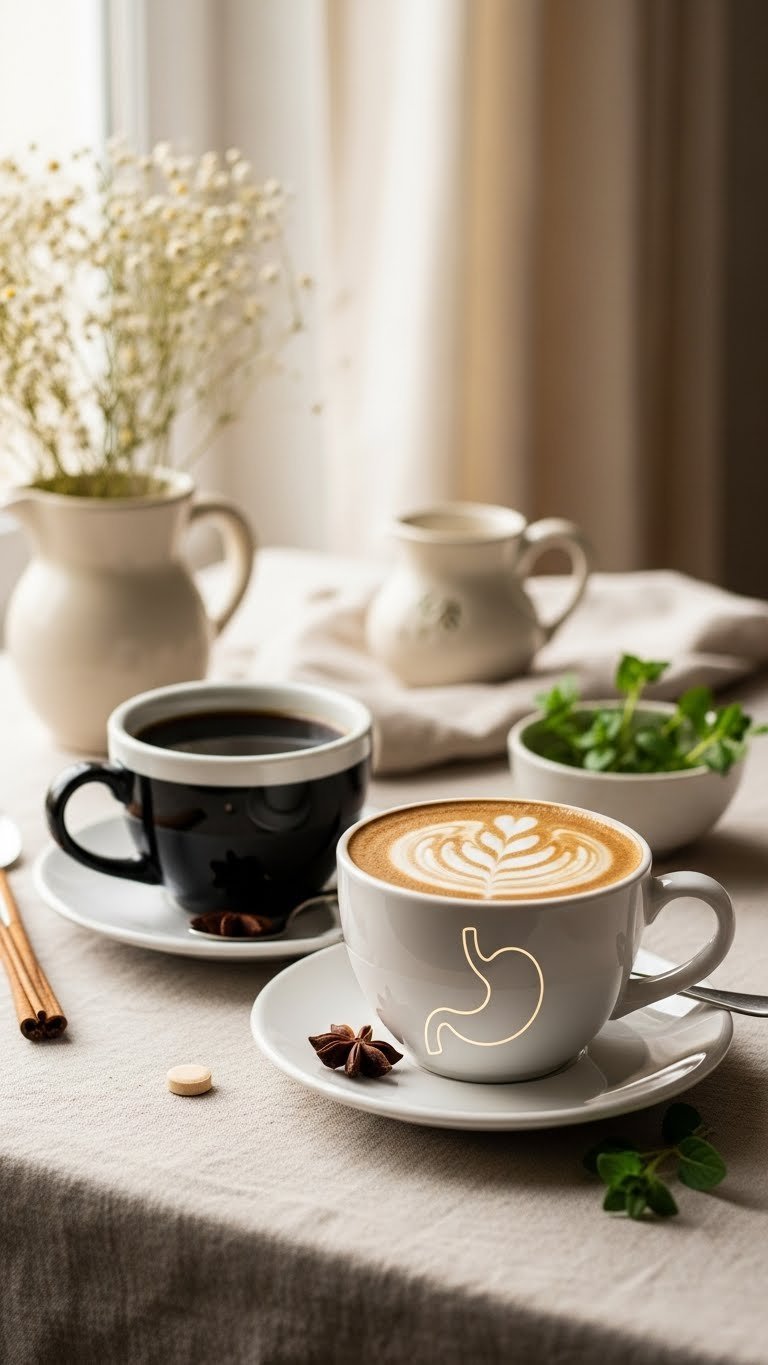 Black Coffee vs Milk Coffee: Your Definitive Health Guide 9 Black and milk coffee cups with soothing herbs and digestive aid on linen, contrasting digestive comfort.
