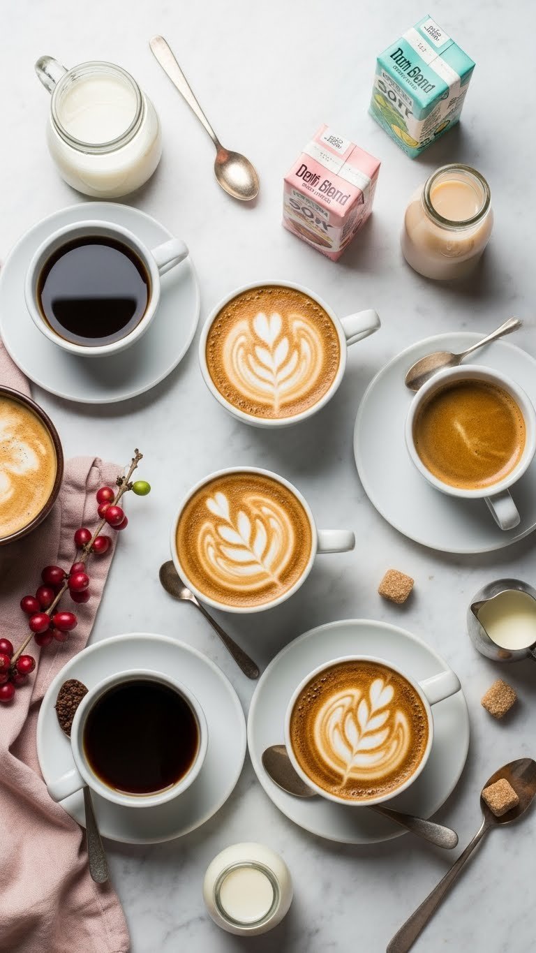 Black Coffee vs Milk Coffee: Your Definitive Health Guide 11 Black and milk coffees with milk alternatives on marble, showcasing diverse plant-based coffee choices.