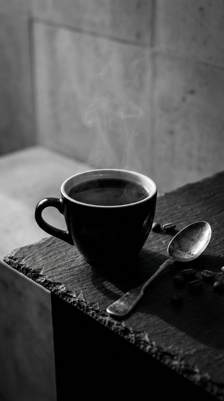Black and white coffee photography with dramatic side lighting on textured stone surface emphasizing contrast and elegance