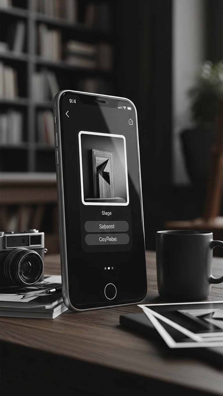 Black Coffee Aesthetic: 11 Essential Widgets for iPhone & Android 11 Black and white photo widget displaying abstract architectural detail on smartphone screen with vintage camera and library setting in elegant photography