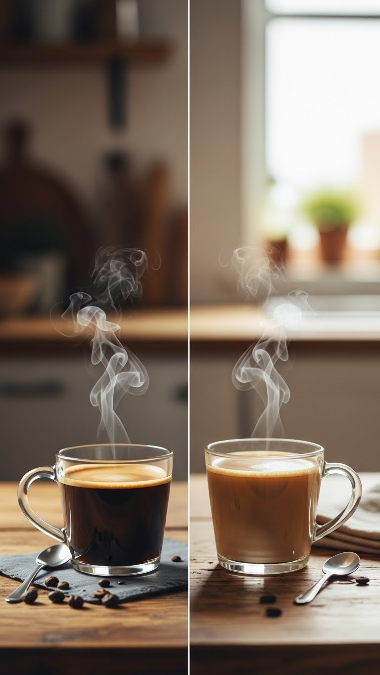Black Coffee vs Milk Coffee: Your Definitive Health Guide 1 Black coffee and milk coffee in clear glass mugs on a rustic wooden table, steam rising, showcasing a cozy coffee moment.