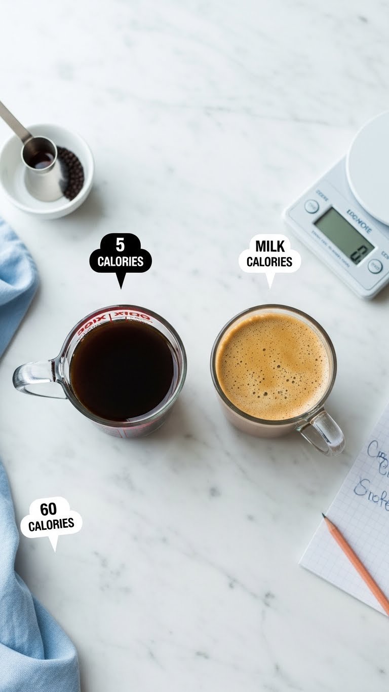 Black Coffee vs Milk Coffee: Your Definitive Health Guide 3 Black coffee and milk coffee in labeled cups on marble with a scale, highlighting calorie comparison for diet.