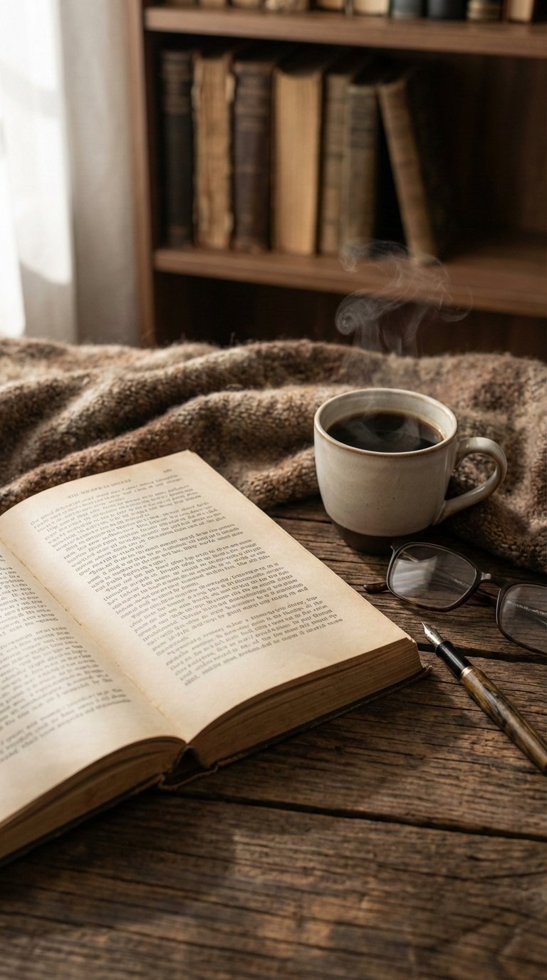 Black coffee and open book on rustic wooden desk with reading glasses for intellectual study atmosphere