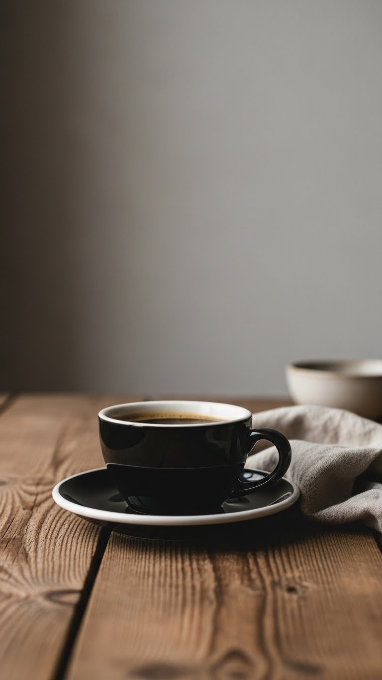 Master Black Coffee Aesthetic: 7 Minimal Design Secrets 9 Black coffee cup on rustic wooden table with crumpled linen fabric in warm golden hour lighting