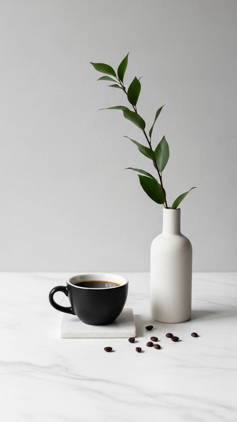 Master Black Coffee Aesthetic: 7 Minimal Design Secrets 13 Black coffee cup with square ceramic coaster and cylindrical vase with botanical stem on white marble surface