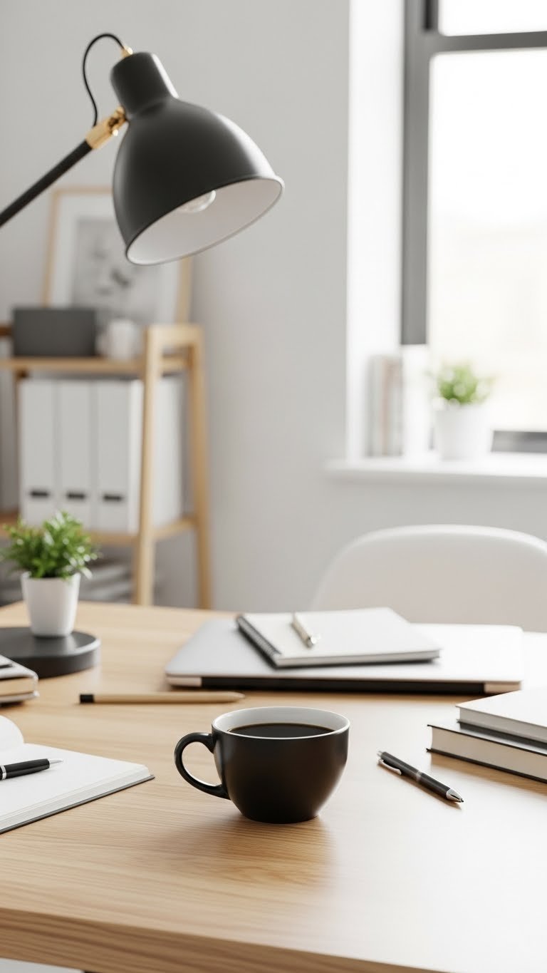 Black coffee mug on clean light wood desk with laptop and office supplies for focused work