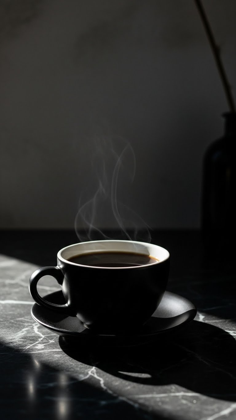 Black coffee mug with dramatic backlighting creating elongated shadows on polished black marble