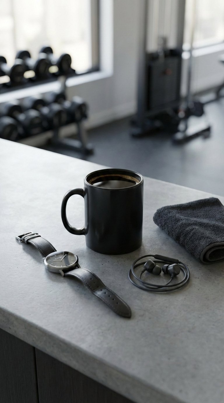 Black coffee mug with gym clock showing pre-workout timing on polished concrete countertop