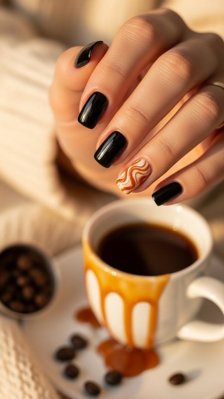 Black coffee nails with caramel drizzle accent patterns on white ceramic mug in warm golden hour lighting