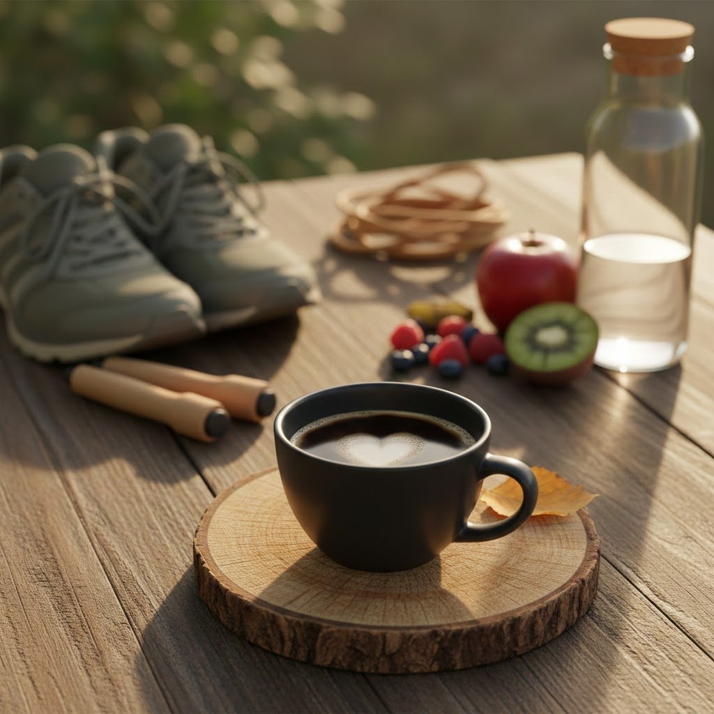 Black Coffee Benefits: Unlock 7 Essential Health Advantages 11 Black coffee on rustic coaster with heart-healthy fitness equipment in warm golden light