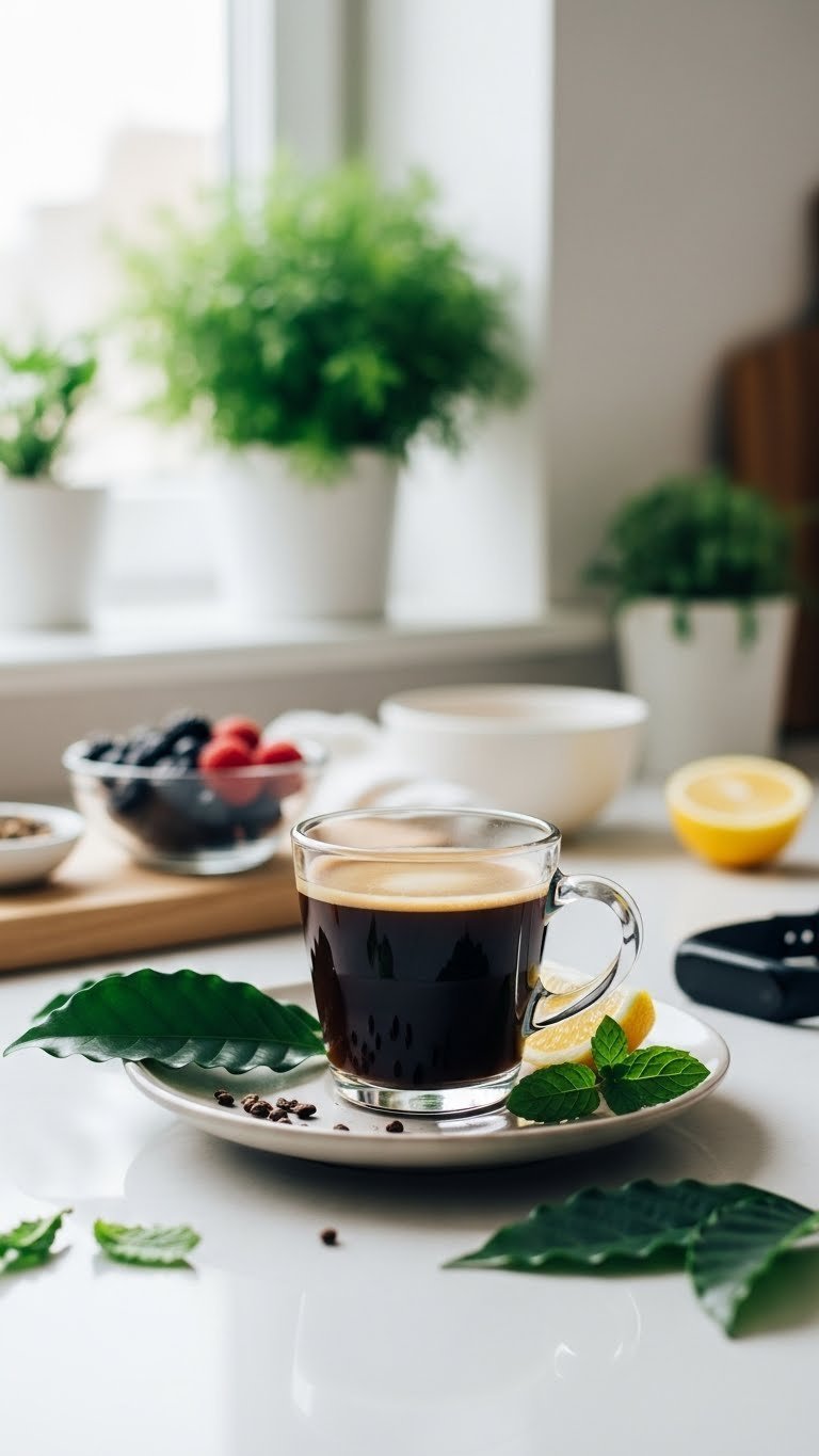 Black coffee surrounded by health elements like berries and coffee leaves symbolizing wellness benefits