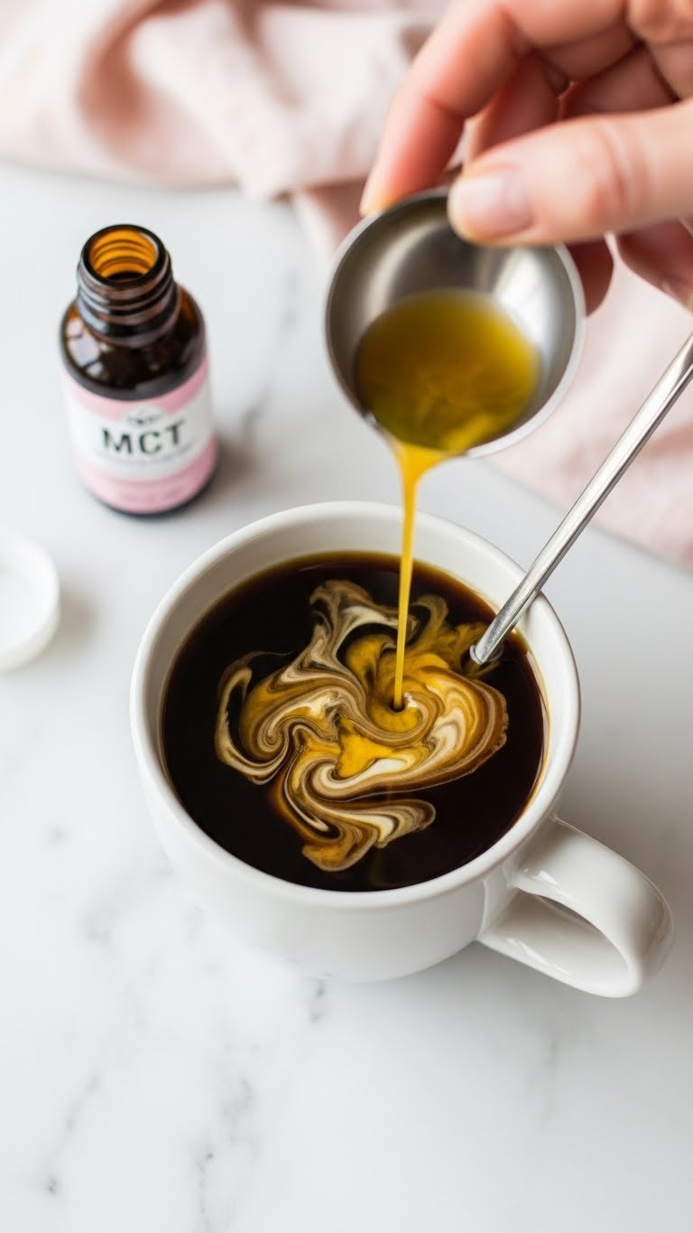 Black coffee with MCT oil swirl in stylish mug on marble countertop