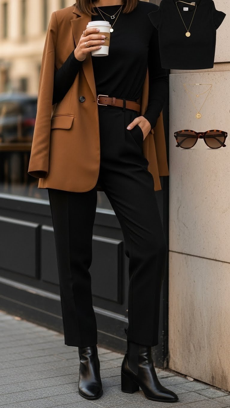 Black ensemble styled with coffee brown blazer and espresso-toned boots in urban cafe setting