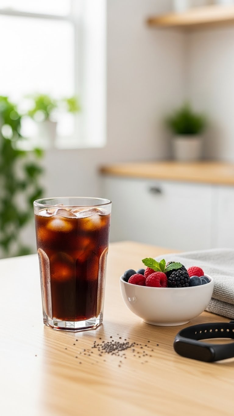 Black iced coffee glass beside fresh berries bowl and workout towel on light wooden table