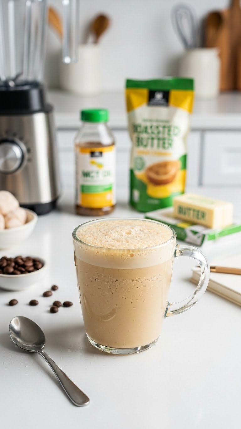 Blended butter coffee creamer in clear glass mug with tiny bubbles on clean white countertop