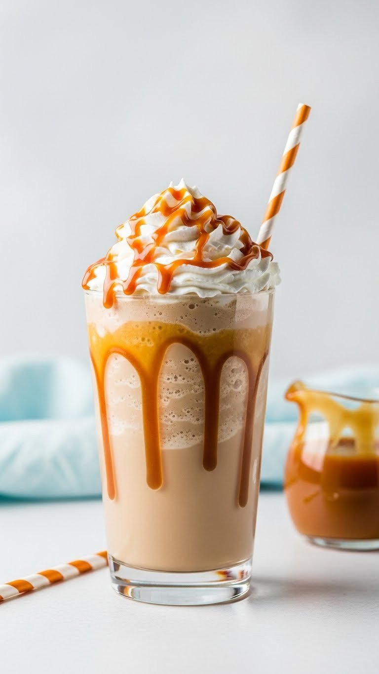 Blended caramel coffee frappuccino in a tall glass on a white tabletop