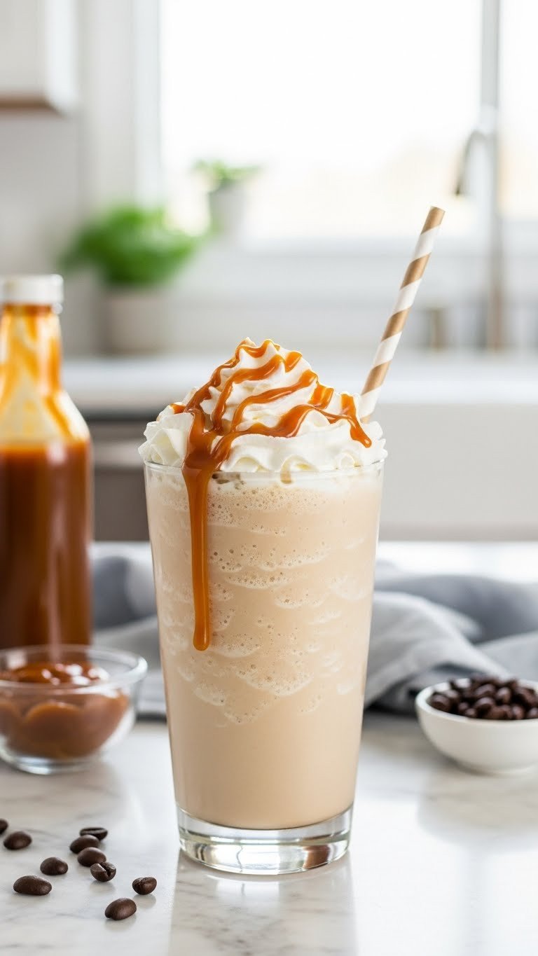 Deliciously Creamy Protein Coffee With Protein Powder 5 Blended caramel frappuccino proffee in a tall glass on a marble countertop