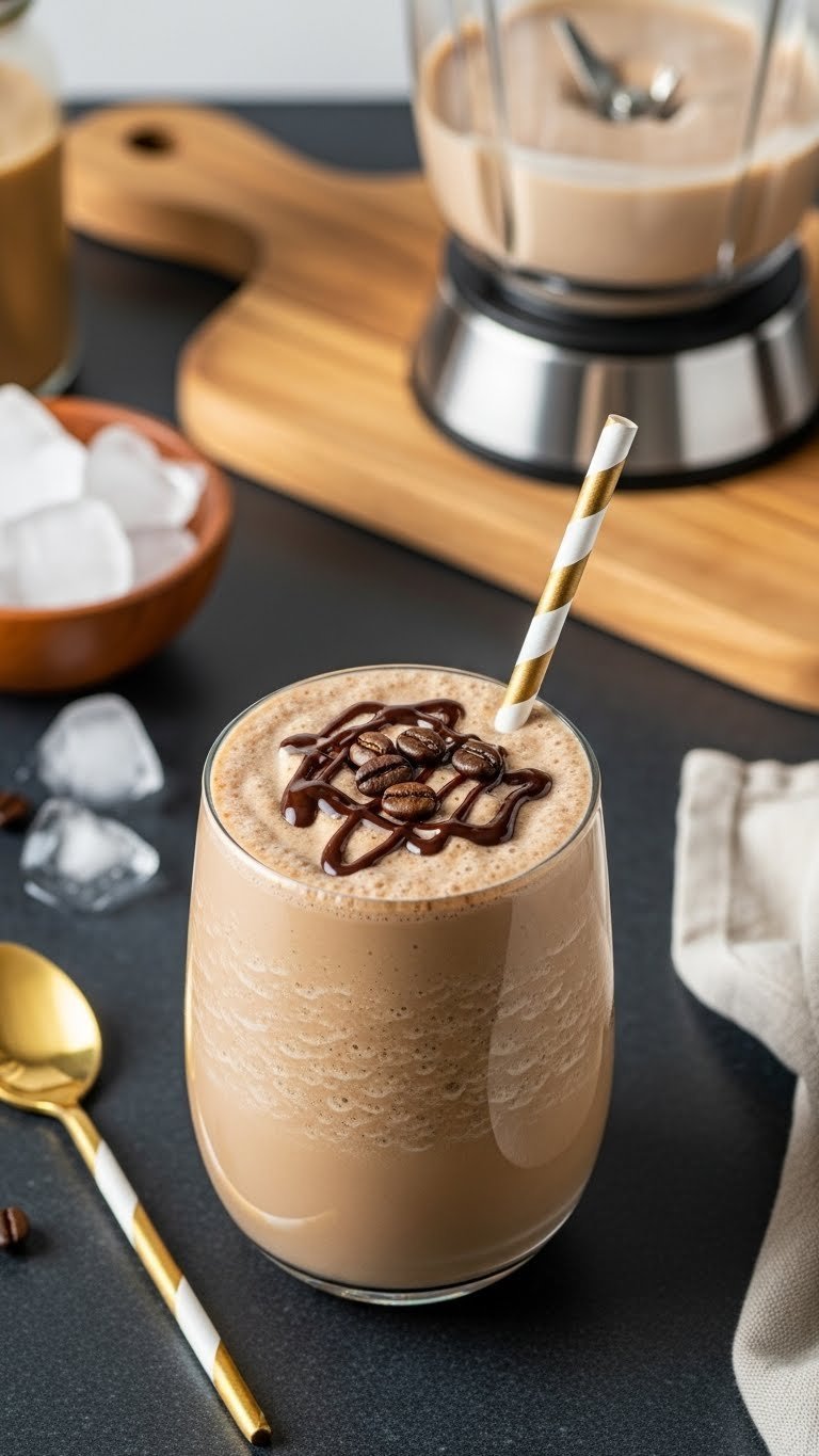 Blended iced oat milk coffee smoothie in wide tumbler with chocolate drizzle and coffee beans