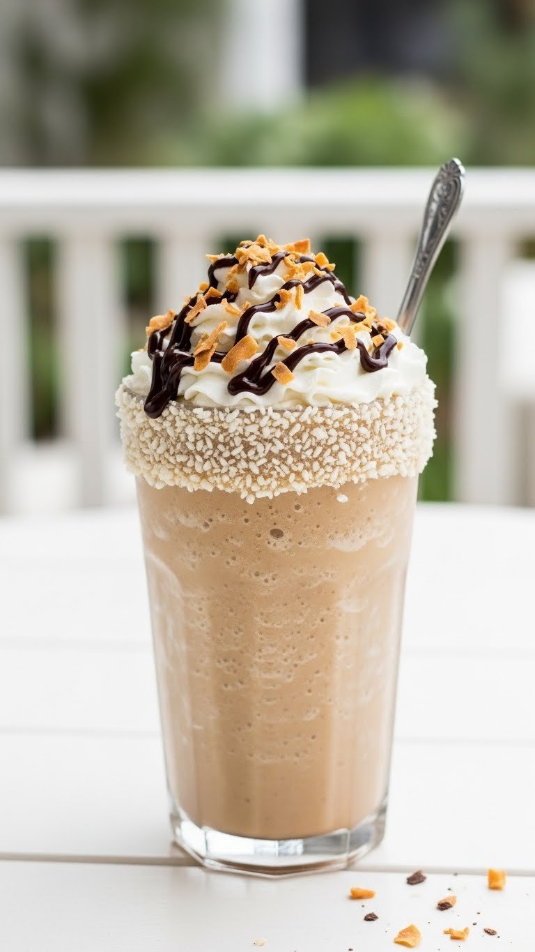 Blended keto almond joy frappuccino with thick icy texture topped with whipped cream and chocolate syrup