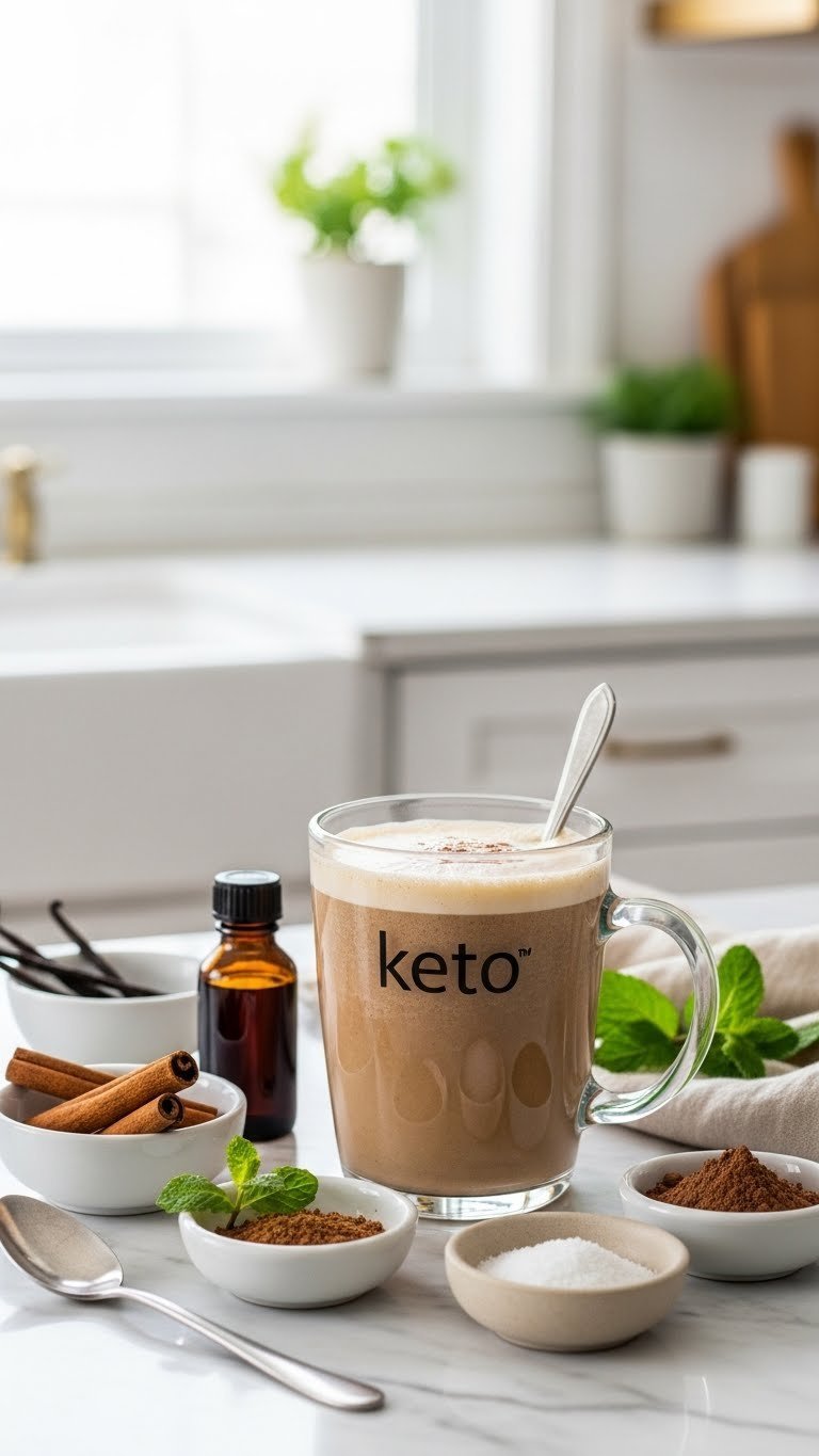 Blended keto bulletproof coffee mug surrounded by keto-friendly spices and sweeteners on marble surface