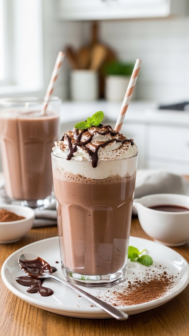 5 Simple Ghost Protein Coffee Recipes You Have to Try 3 Blended mocha protein frappe in a glass on a rustic wooden table