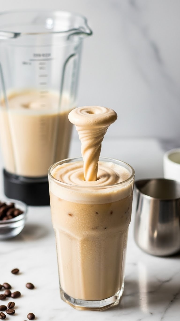 Genius Protein Coffee Meal Replacement Hacks You Need 1 Blender emulsifier hack protein coffee in a glass on marble countertop