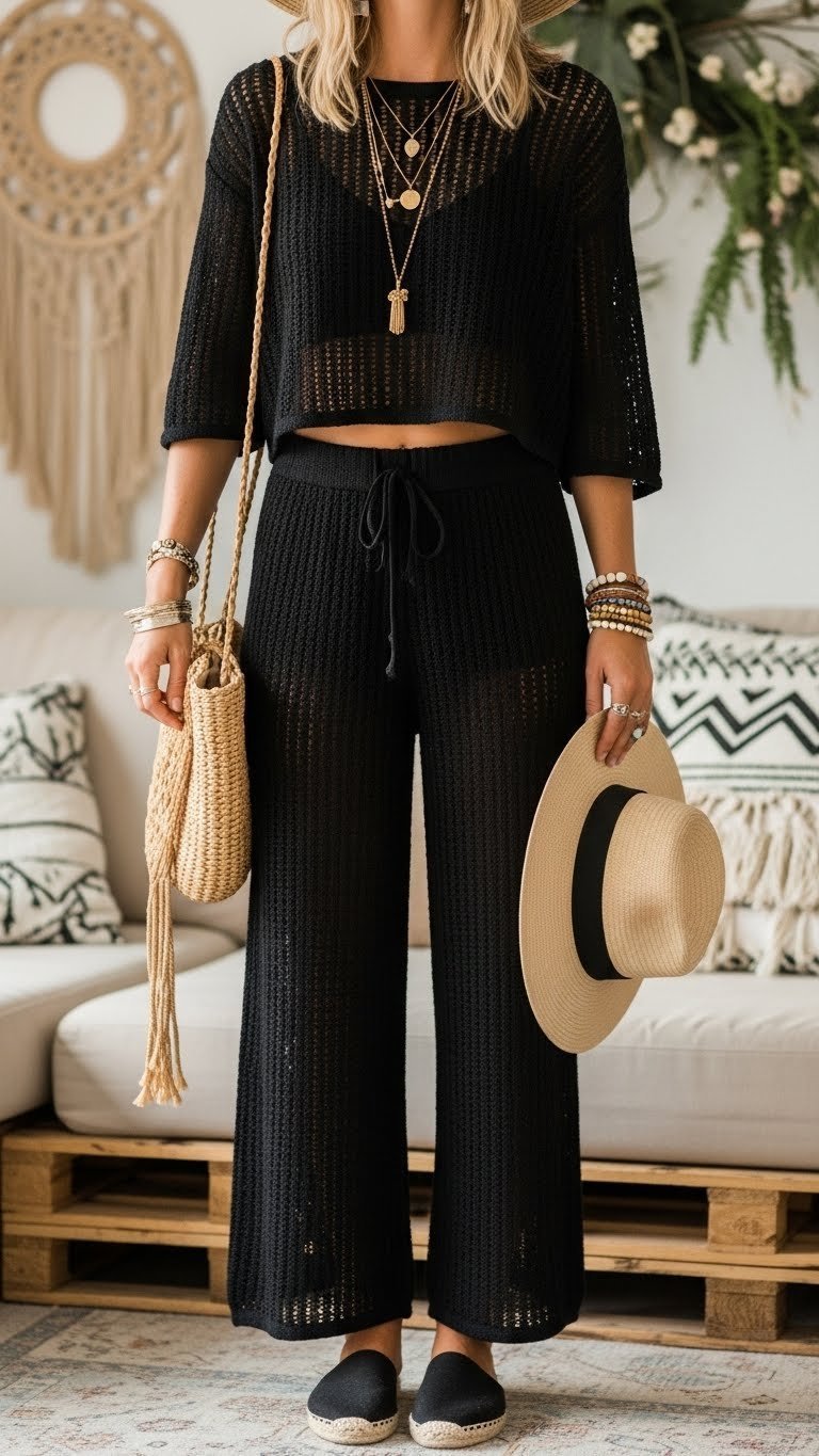 Bohemian-chic person in black knit coordinated set with flat sandals at rustic festival lounge area
