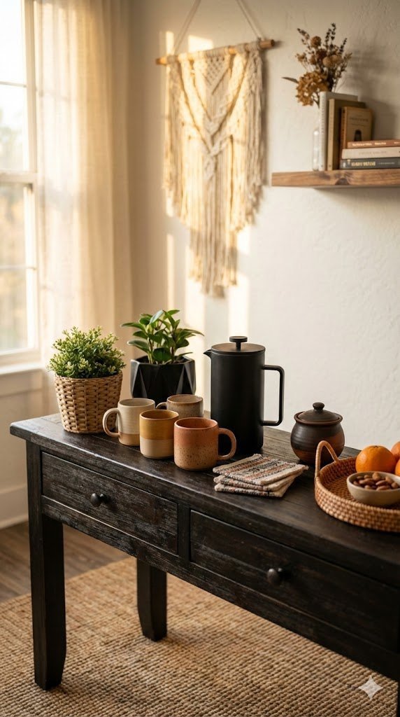 Boho chic black coffee corner with natural wood console and mismatched ceramic mugs