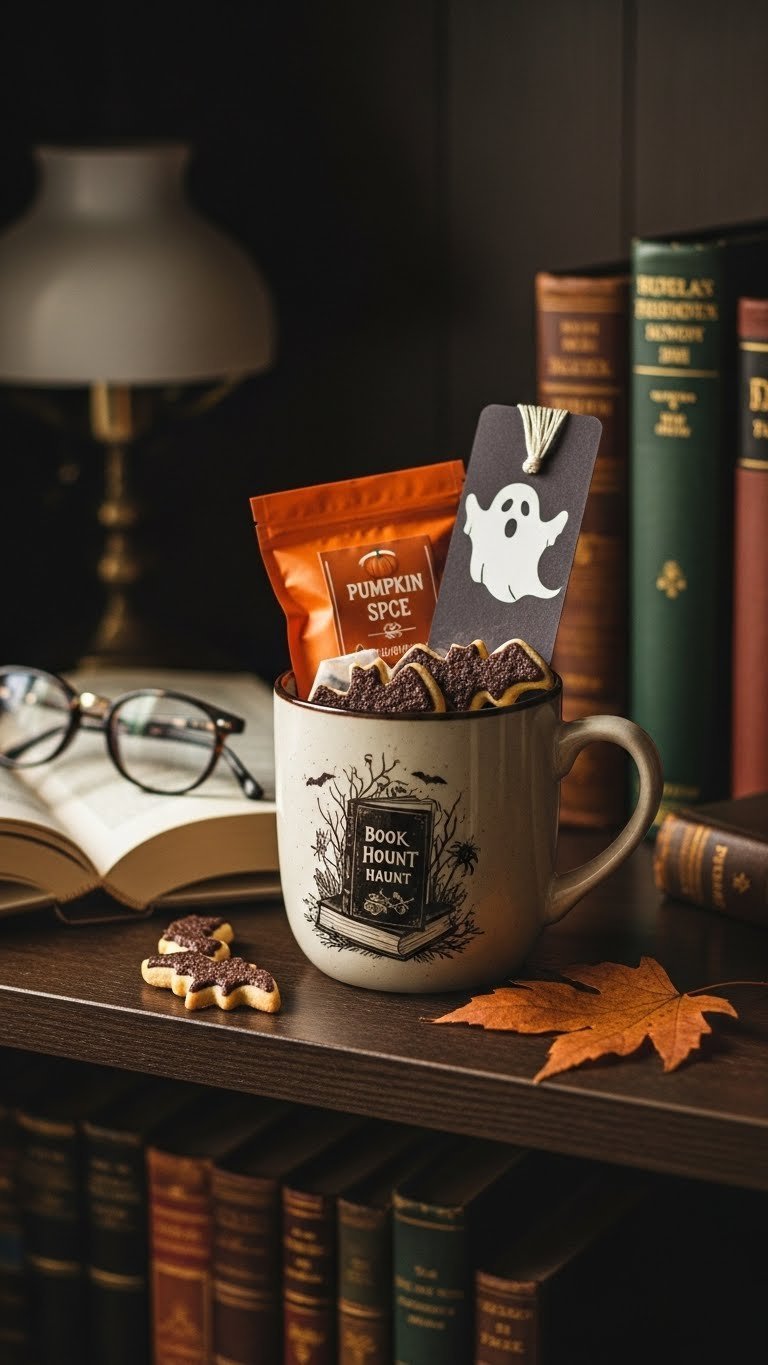 Book lover's haunt Halloween coffee mug with gothic book design containing pumpkin spice tea bags and bat-shaped cookies