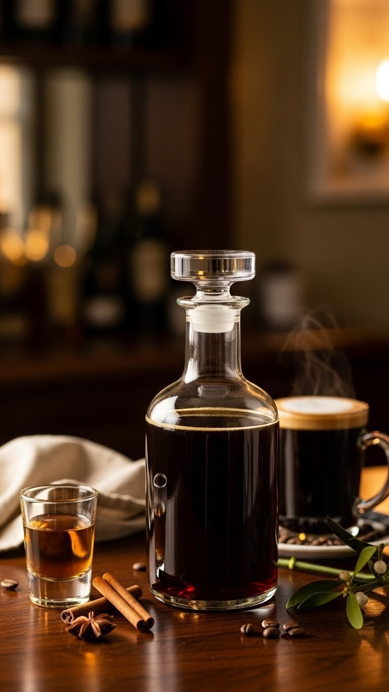 Bourbon-kissed eggnog coffee syrup in vintage decanter with shot glass and star anise on dark wood bar top