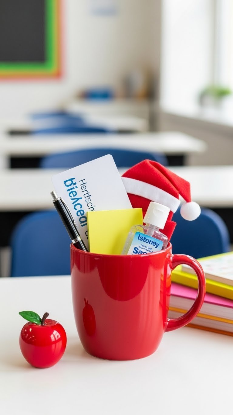 Bright cheerful mug with teacher appreciation items like gift card, pen, and sanitizer on white desk