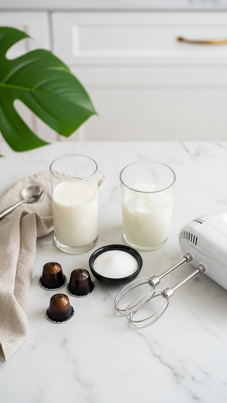 Whipped Coffee With Nespresso Easy Creamy Recipe For Beginners 1 Bright flat lay of whipped coffee ingredients with Nespresso pods, sugar, milk, ice, and an electric mixer on a marble countertop.