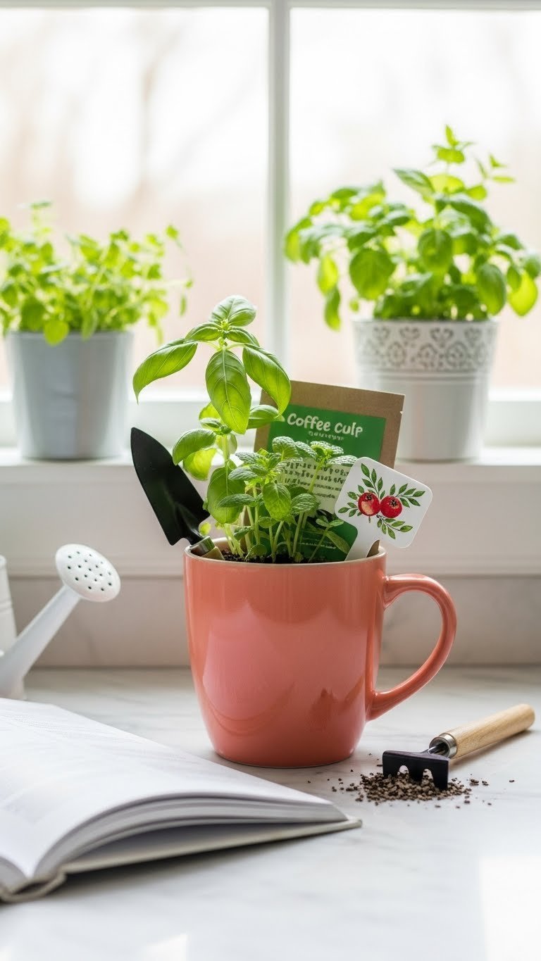 Brightly colored ceramic coffee mug serving as planter for vibrant herb plant with gardening tools on sunlit windowsill