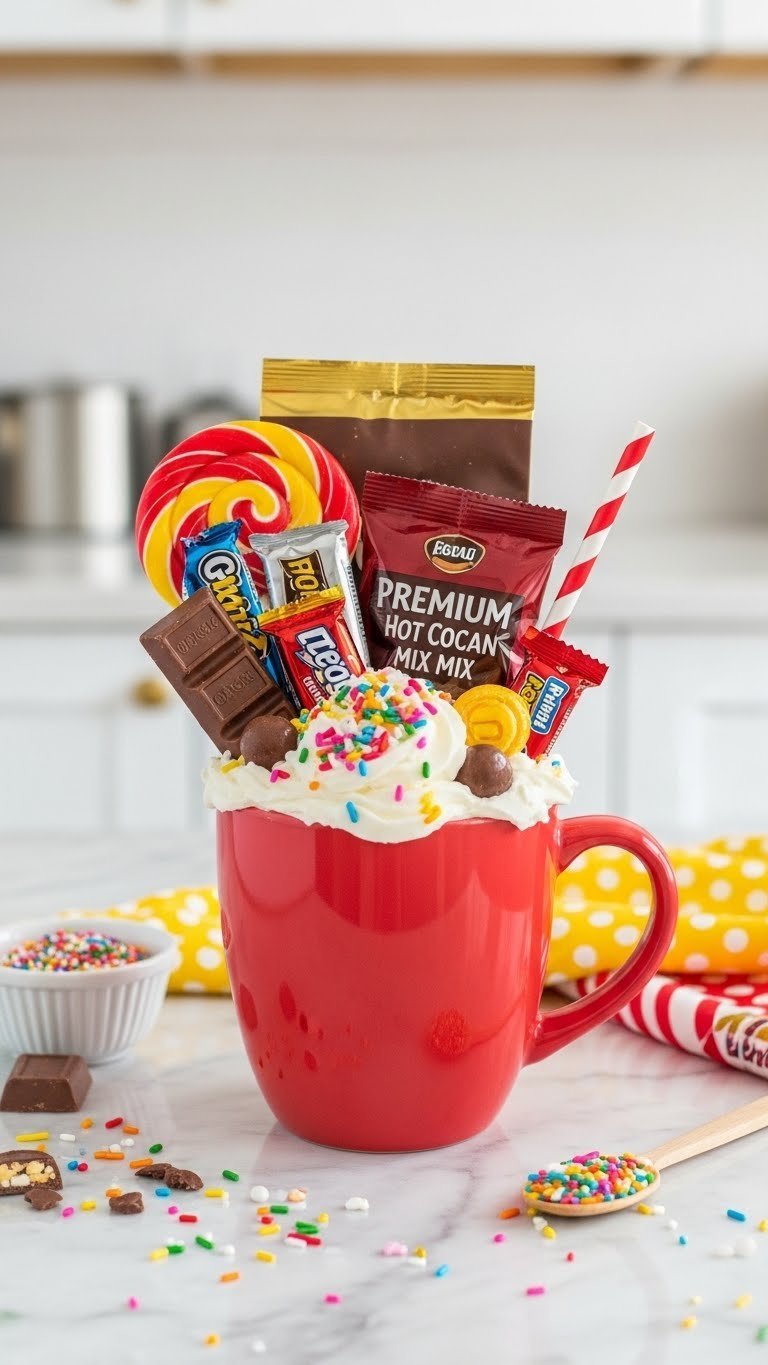 Brightly colored ceramic mug brimming with sweet treats like mini chocolate bars, gourmet lollipops, and hot cocoa mix on marble countertop