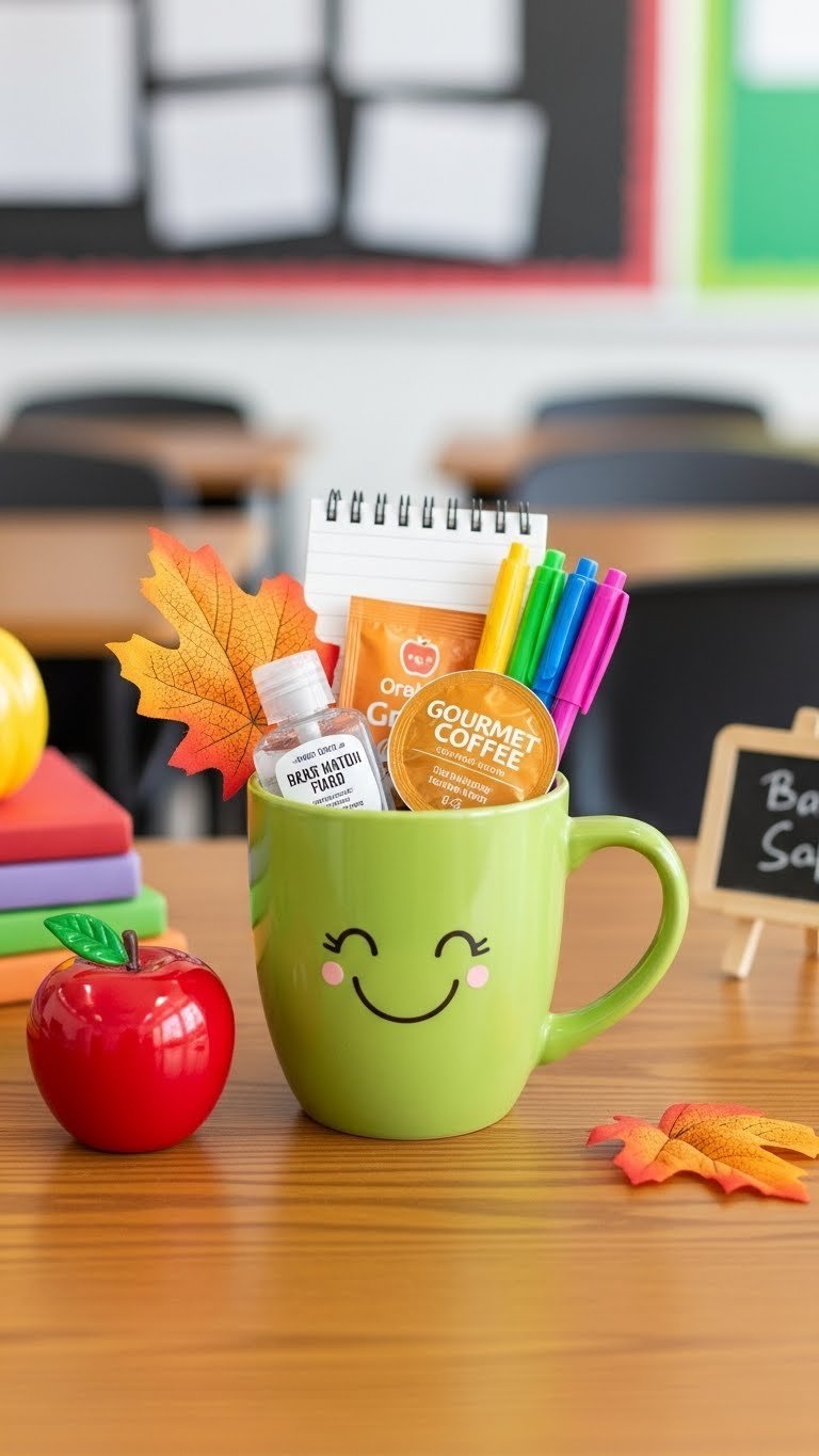 Brightly colored teacher appreciation mug with hand sanitizer, pen set, coffee pods, and notepad on polished wooden desk setting.