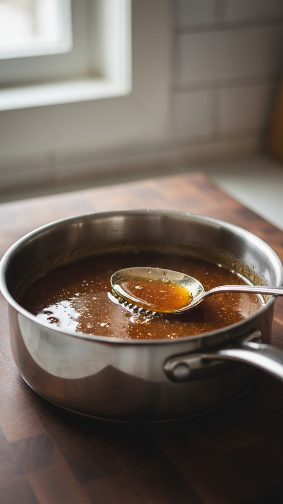 Brown butter coffee syrup gently simmering with small bubbles and glossy sheen coating the back of a spoon.