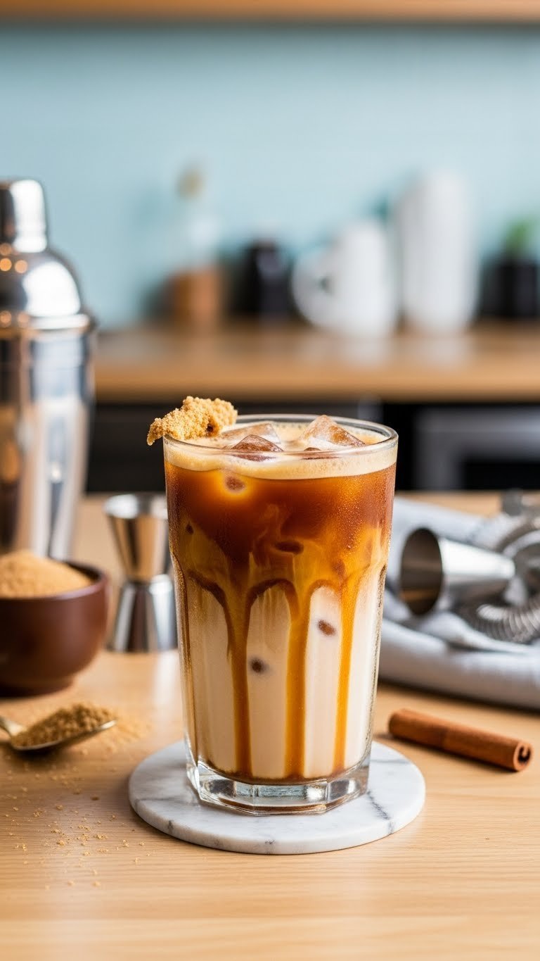 Brown sugar almond milk iced coffee in mason jar with layered syrup and modern cafe backdrop