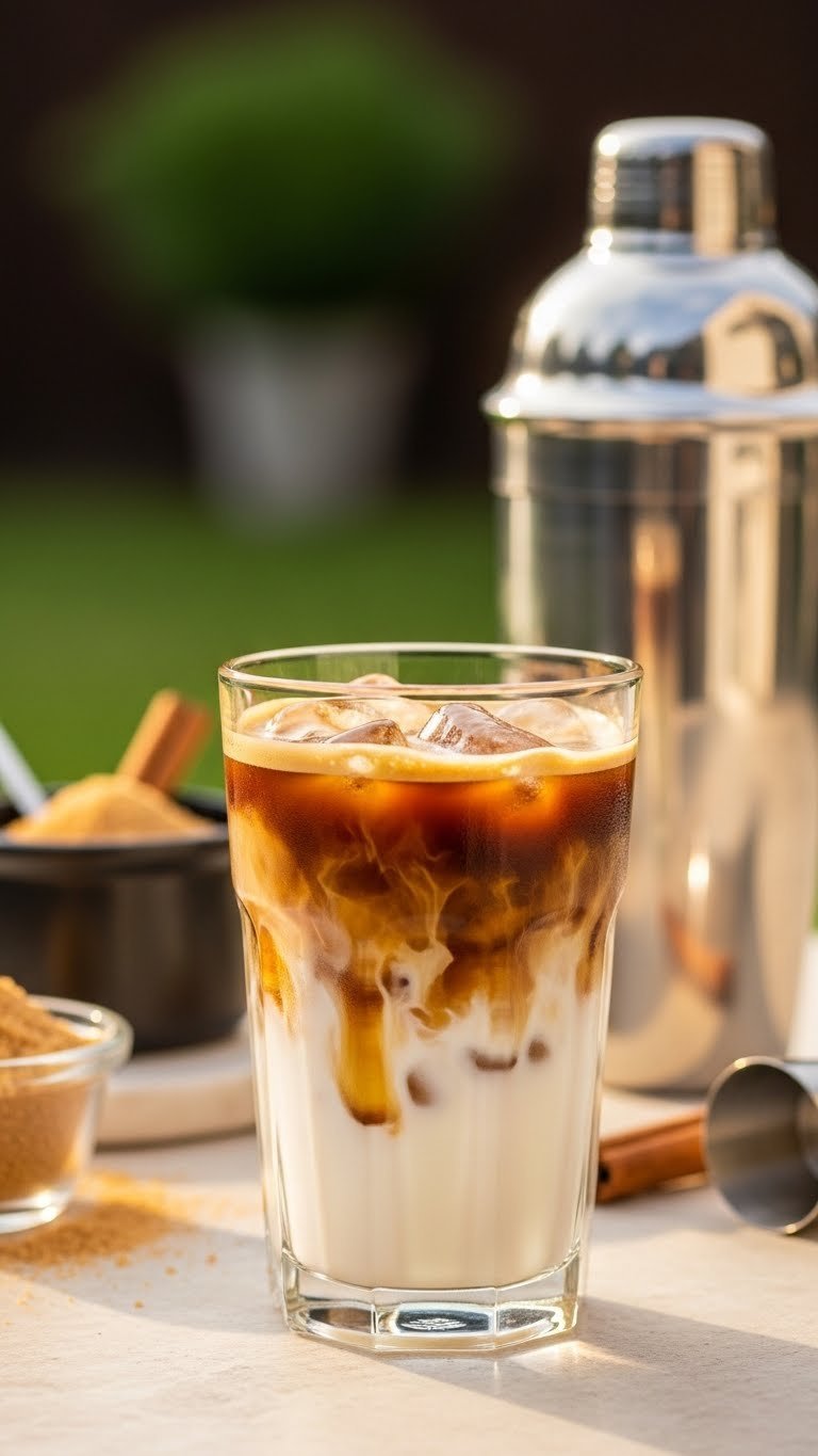 Brown sugar shaken espresso with swirling layers in clear glass surrounded by cinnamon stick and cocktail shaker