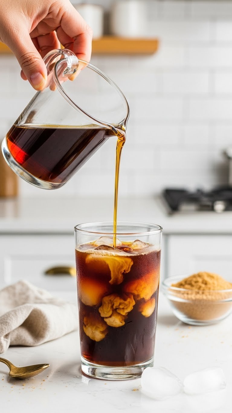 Brown sugar simple syrup pouring into iced cold brew coffee with artistic swirl and condensation