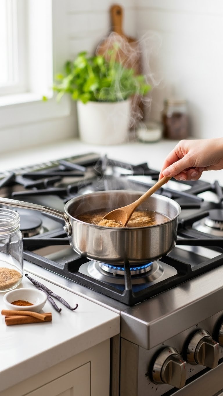 Brown sugar syrup simmering in saucepan on stovetop with wooden spoon and vanilla bean on stainless steel surface