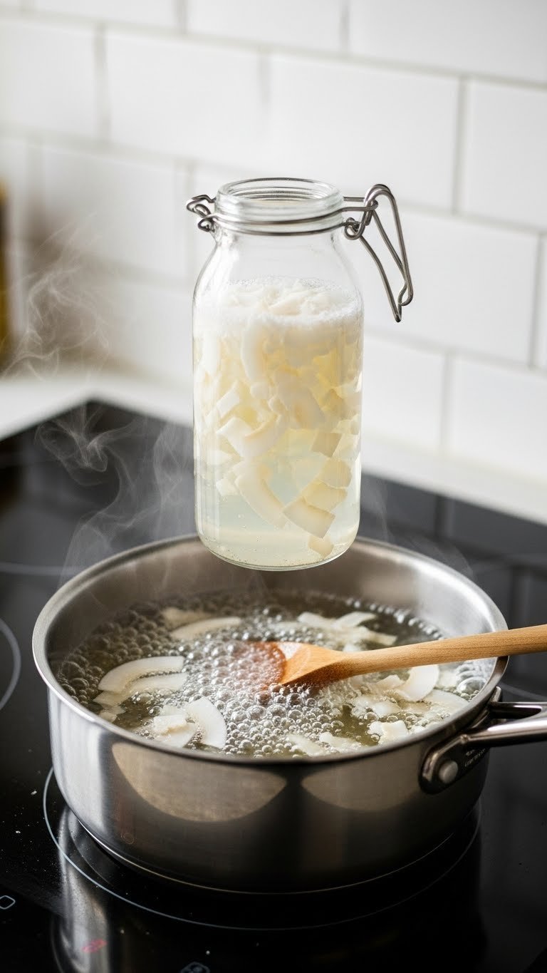 Bubbling coconut syrup mixture with suspended coconut flakes simmering in stainless steel saucepan on black induction cooktop