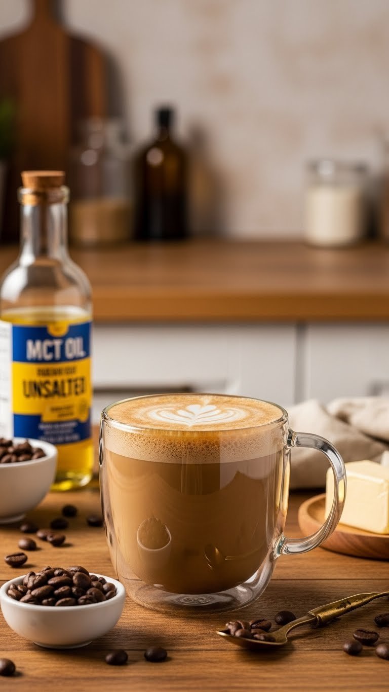 Bulletproof coffee in clear glass mug with frothy microfoam and healthy fat sheen on rustic wooden table in cozy kitchen setting.