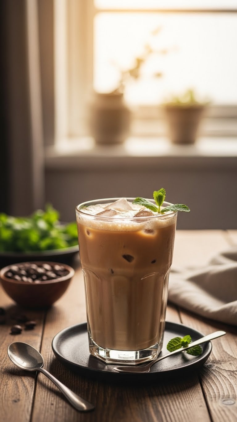Bulletproof iced coffee in frothy glass with creamy texture and ice cubes on rustic wooden table