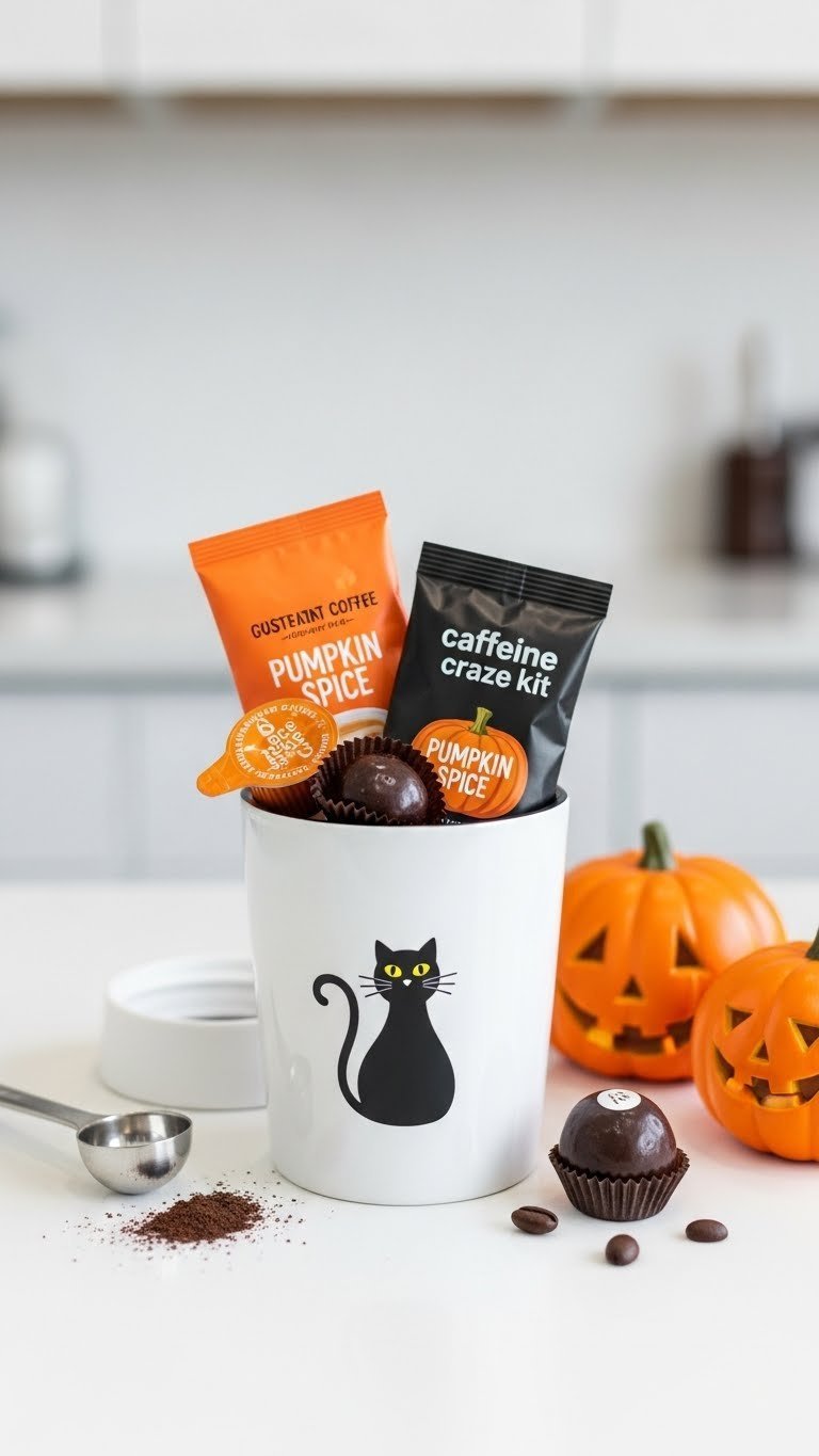 Caffeine craze Halloween travel mug with black cat design containing instant coffee packets and espresso bean treats