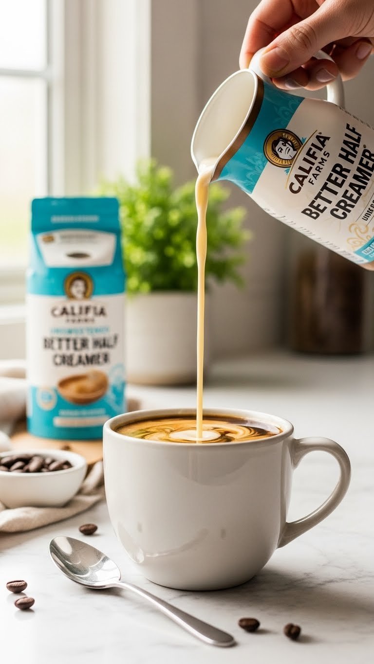 Califia Farms unsweetened creamer pouring into dark coffee creating swirl in minimalist ceramic mug with soft bokeh background