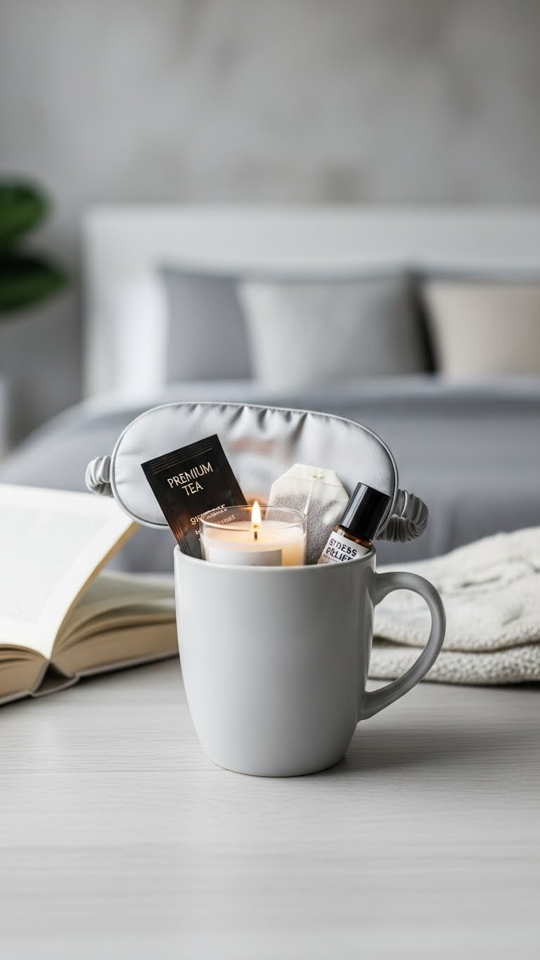 Calming minimalist coffee mug containing tea bags, scented candle, sleep mask, and essential oils on light wooden surface.