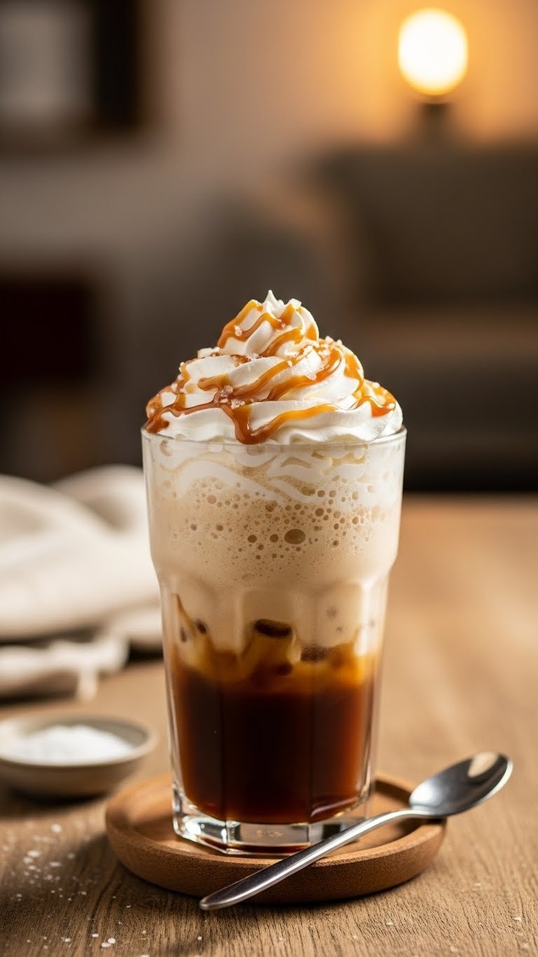 Caramel iced coffee topped with fluffy whipped cream and caramel drizzle on wooden coaster